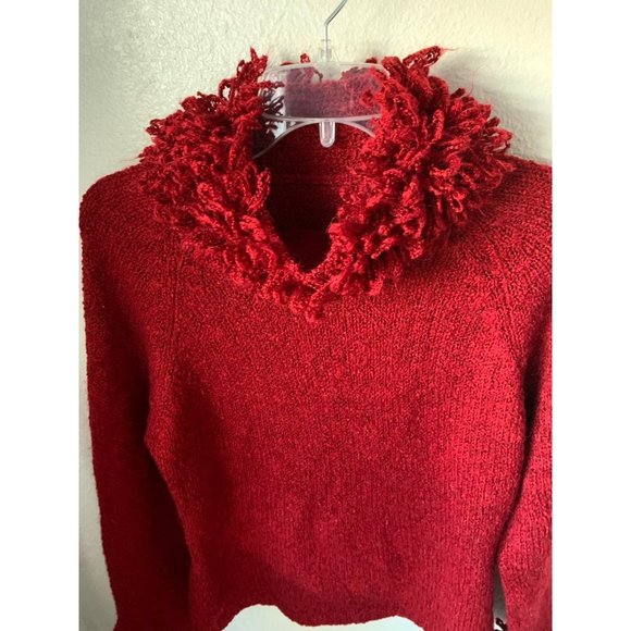 Gorgeous holiday lana wool red fringe turtleneck sweater boutique Christmas - Picture 7 of 11